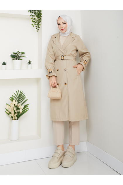 Modest Double Breasted Collar Waterproof Belted Trench Coat Rc1103013