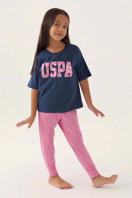 US Polo Assn Licensed Floral Text Dark Indigo Girl's Pajama Set
