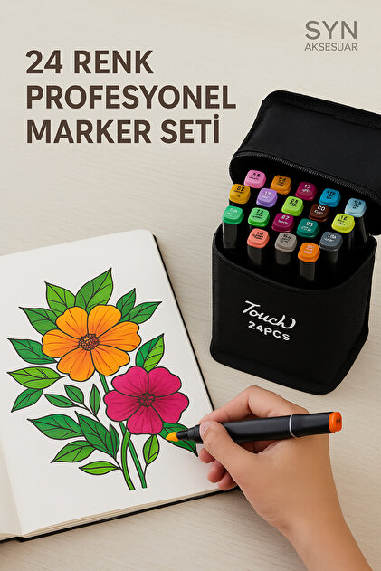 SYN AKSESUAR 24'LÜ Renkli Marker Boya Kalem Seti-Profesyonel Çizim