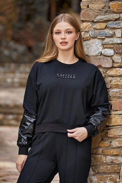 24250 Women's Long Sleeve Elasticated Cuffs Print Detail Sports 2-Piece Set-Black