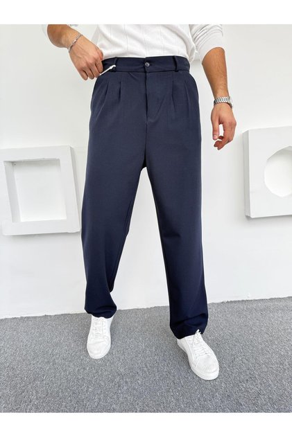 Pleated Baggy Fabric Trousers Navy Blue