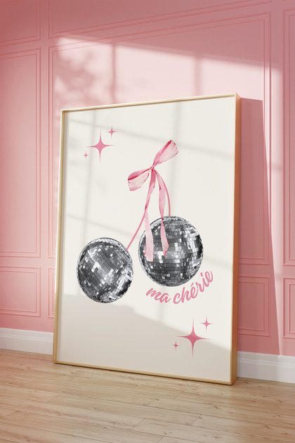 Disco Ball Cherry Poster, Estetik Duvar Posteri, Coquette Estetik Poster