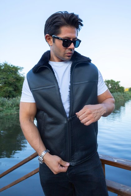 Men's Leather Vest - Genuine Lambskin with Real Fur Inside