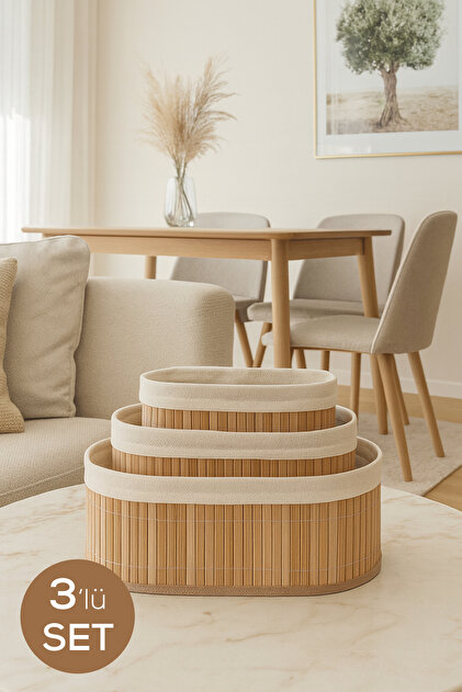 Vienev Bambu Hasır Oval 3'lü Organizer Sepet Seti - Çok Amaçlı