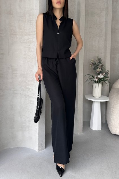 Women's Judge Collar Tank Top and Loose Wide Leg Pocket Pants Bottom-Top Suit Black