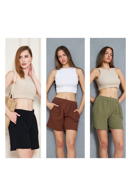 Women's Summer Muslin Fabric Comfortable and Fresh 3-Piece Shorts with Pocket Detail