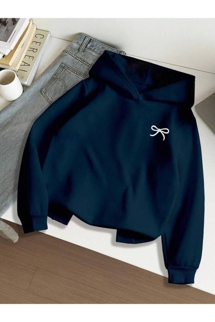 Girl's Minimal Ribbon Printed Navy Blue Hooded Sweatshirt