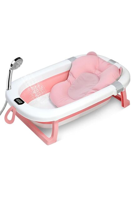Foldable baby bathtub with bath mat pillow and thermometer, portable bathtub with drain hole