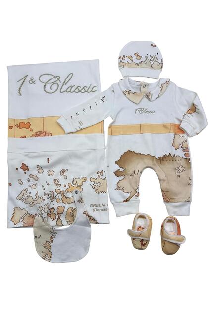5-Piece Classic Map Baby Shower Set - White and Beige