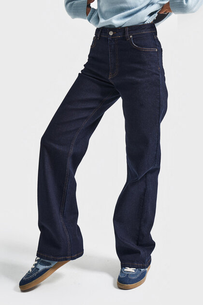 Women's Indigo Color 7W5-50 Straight Fit High Waist Inner Length 80cm Flexible Fabric Denim Jean