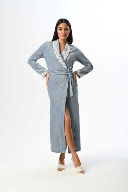 Women's Blue Velvet Shawl Collar Lace Winter Special Design Full Length Dressing Gown