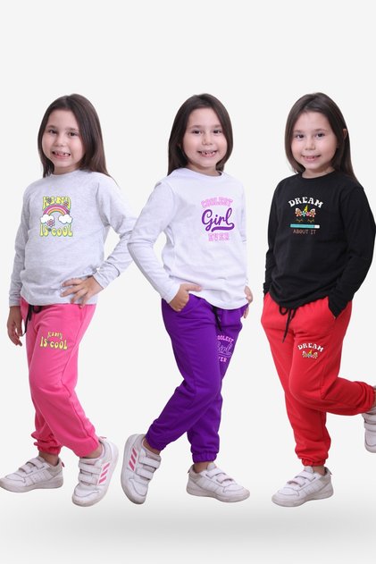 3-Piece Girls' Round Neck Printed Detailed Top and Bottom Pajama Set