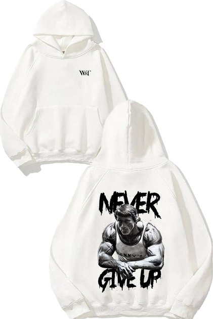Gym Never Give up 2 Design Back Printed White Hooded Sweatshirt