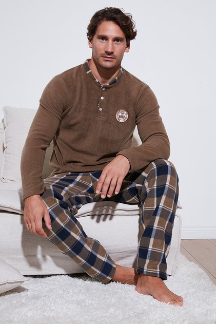 Plaid Regular Fit Buttoned Crew Neck Winter Fleece Pajama Set Men's PAJAMA SET 609