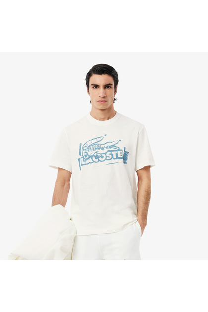 Lacoste Erkek Classic Fit Bisiklet Yaka Baskılı Beyaz T-Shirt