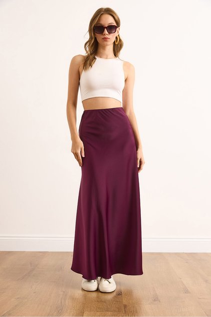 Fusta maxi din satin drapată, cu fermoar lateral, pentru femei ETK-19000351