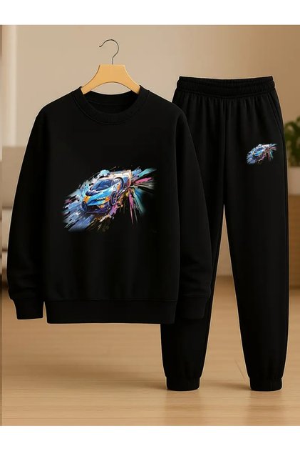 Children's Printed Crew Neck Sweatshirt and Sweatpants Set 3 Thread Raster for Autumn/Winter