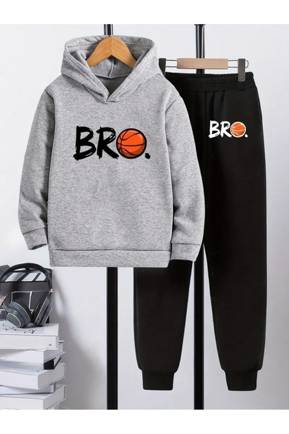 Children's Printed Hooded Sweatshirt and Tracksuit Set 3-Thread Brushed Inside for Autumn/Winter