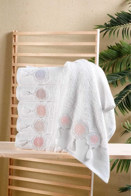 Bamboo 50X90 cm Lace Tasseled Hand Face Towel with 6 Pvc Bags
