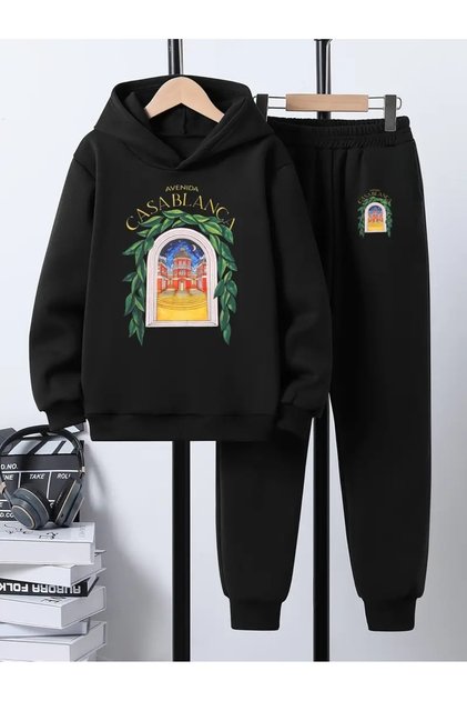Children's Printed Hooded Sweatshirt and Tracksuit Set 3-Thread Brushed Inside for Autumn/Winter