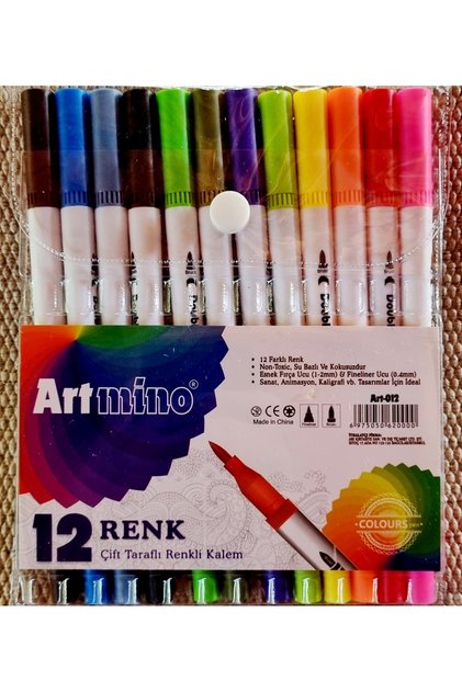 12 Renk Çift Uçlu Dual Tip Brush Pen Fırça Uçlu & Artmino Fineliner Sanat Kalemi