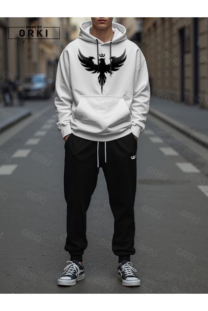Crowned Eagle Printed White Oversize Hooded Sweatshirt Black Pants Jogger Tracksuit Set