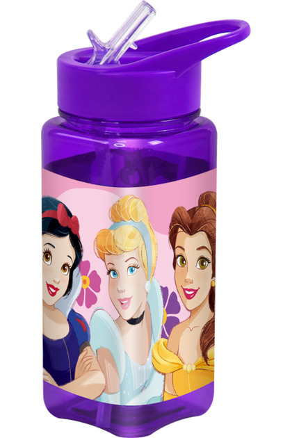 Princess Square Water Bottle for Kids – 500ml, Flip Straw Lid – Pink