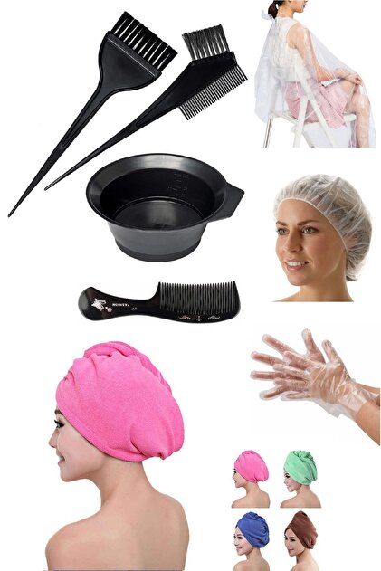 6'lı Set Havlu Bone+boyama Kabı Fırçalar+şeffaf Bone+eldiven+pelerin+tarak Evde Bakım Seti