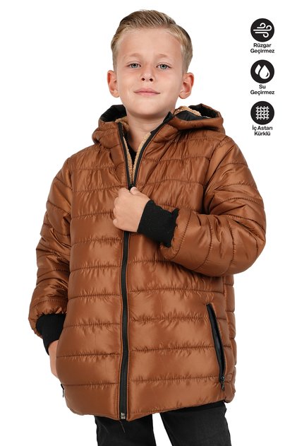 Boy's Waterproof and Windproof Fur-Lined Hooded Coat with Straight Line Pattern