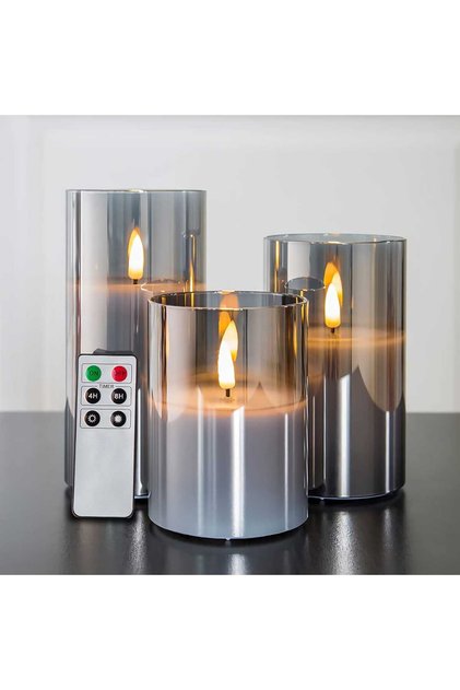 Σετ 3 διακοσμητικών κεριών LED Elindor®, καπνιστό γυαλί