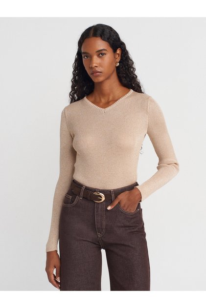 10803 V-Neck Glittery Knit Sweater