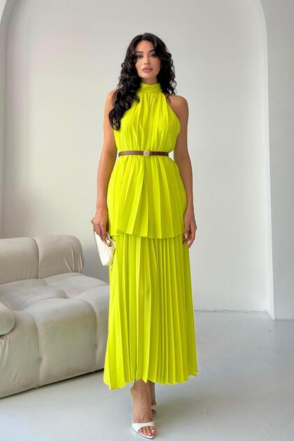 Yellow Pleated Halter Neck Belted Dress