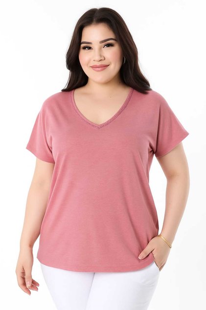 Women's Plus Size Dried Rose, Collar Hole Detail, Washable Fabric, V-Neck Blouse 65N39137