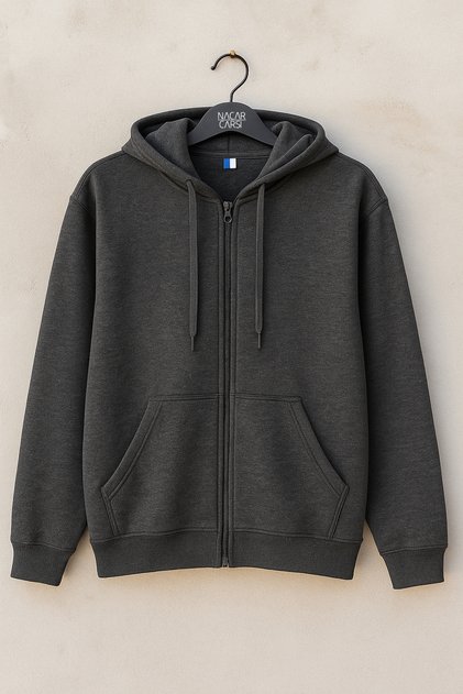 Unisex Smoked 2 Thread Compact Combed Cotton Lycra Zippered Hooded Sweatshirt Cardigan