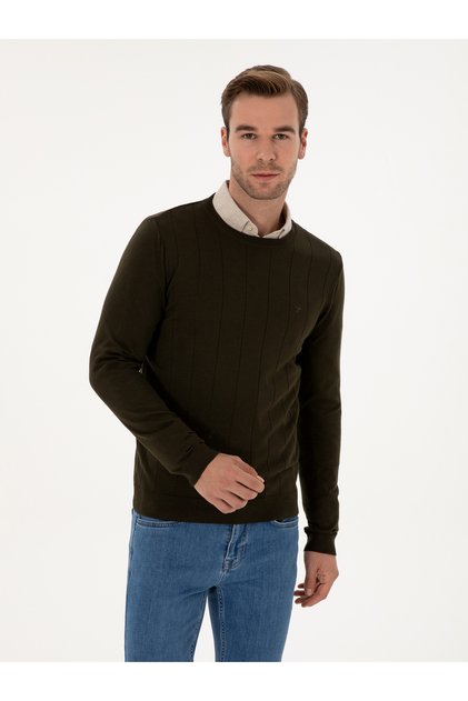 Haki Slim Fit Pamuk Karışımlı Bisiklet Yaka Triko Kazak 50318868-VR027