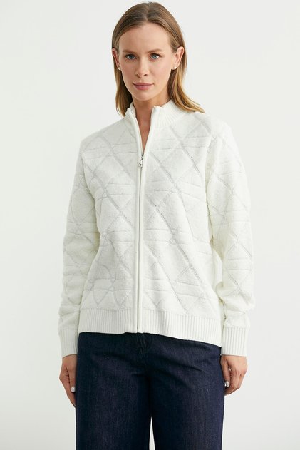 Geometric Patterned Zippered Wool Knit Cardigan - Bone