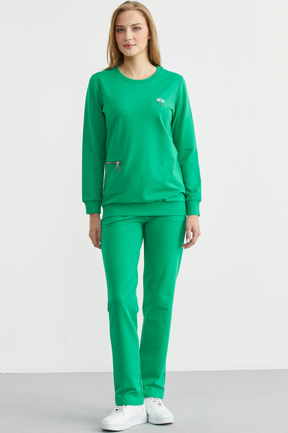 Zero Neck Pocket Tracksuit Set - Green