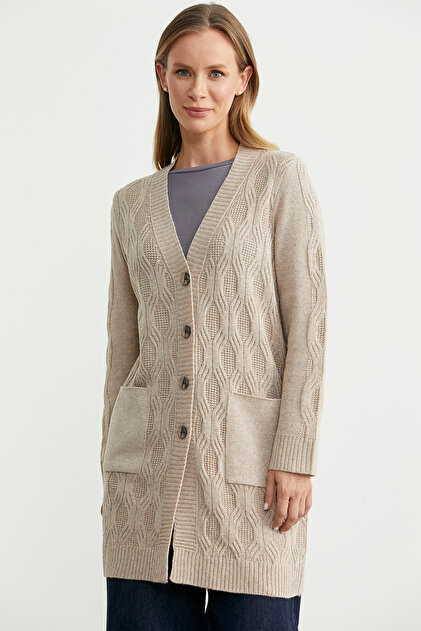 Long Wool Knit Cardigan with Pockets - Mink