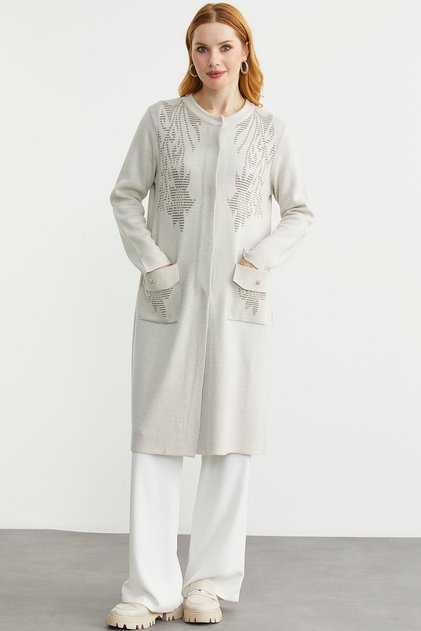 Long Pocket Detailed Wool Knit Cardigan - Stone