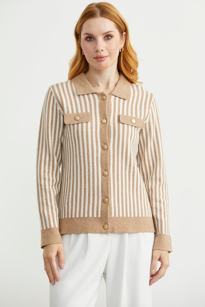 Striped Collar Knitwear Jacket - Beige