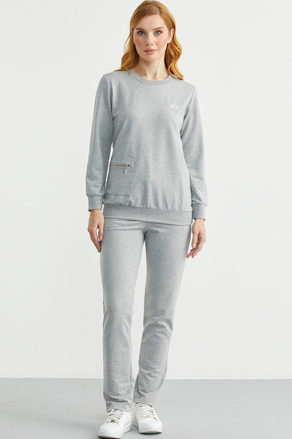 Zero Neck Pocket Tracksuit Set - Gray