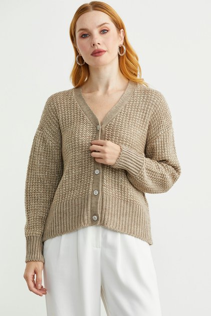 Sequin Detailed Wool Knit Cardigan - Dark Beige