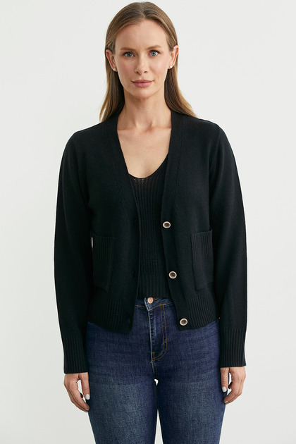 Knitwear Cardigan Crop Double Set - Black