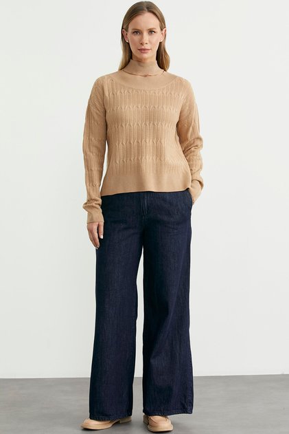 Hair Knit Basic Stand Collar Knitwear Sweater - Camel