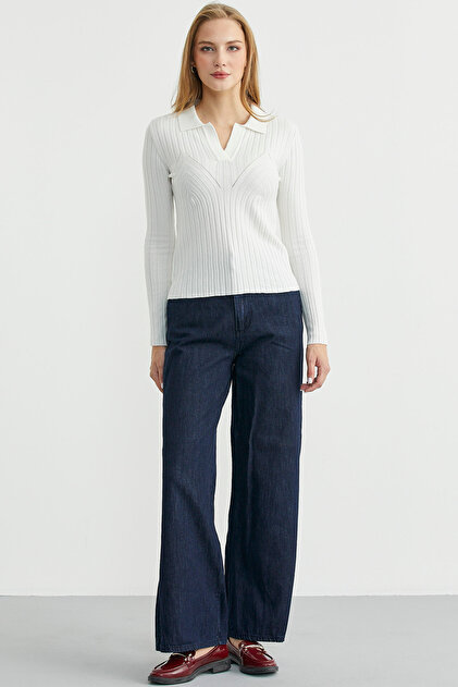 Polo Neck Ribbed Knit Sweater - Bone