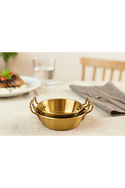 2’li gold kahvaltı sunumluk sosluk- metal kulplu mini tabak (10cm-12Cm)