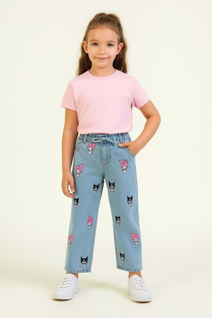 Kız Çocuk My Melody & Kuromi Baskılı Kot Pantolon – Mavi-Siyah