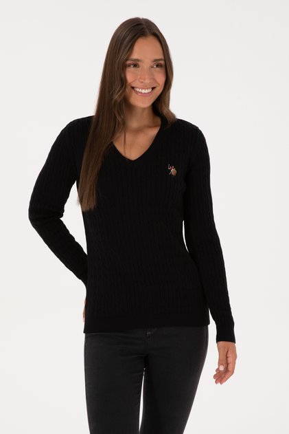 Women's Black V-Neck Basic Sweater 50307700-Vr046