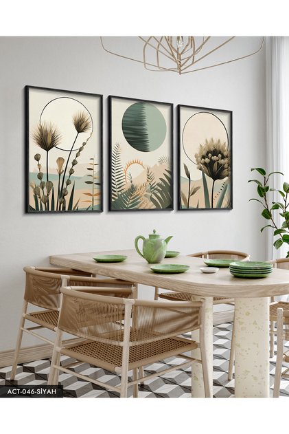 Boho Tarzı Suluboya Görünümlü 3 Parça Siyah Ahşap Çerçeveli Tablo