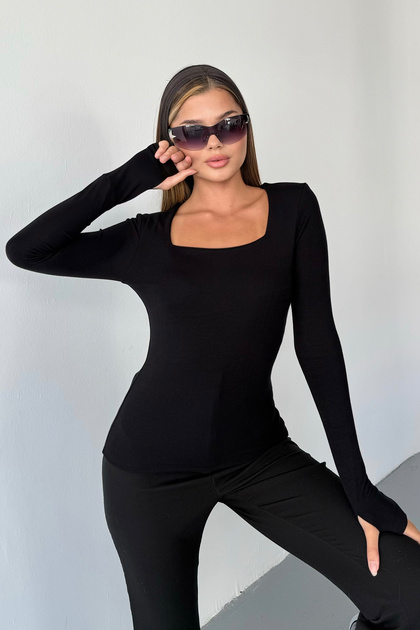 Schwarzer Damen-Body aus Modal-Baumwolle mit quadratischem Ausschnitt und Fingerlöchern